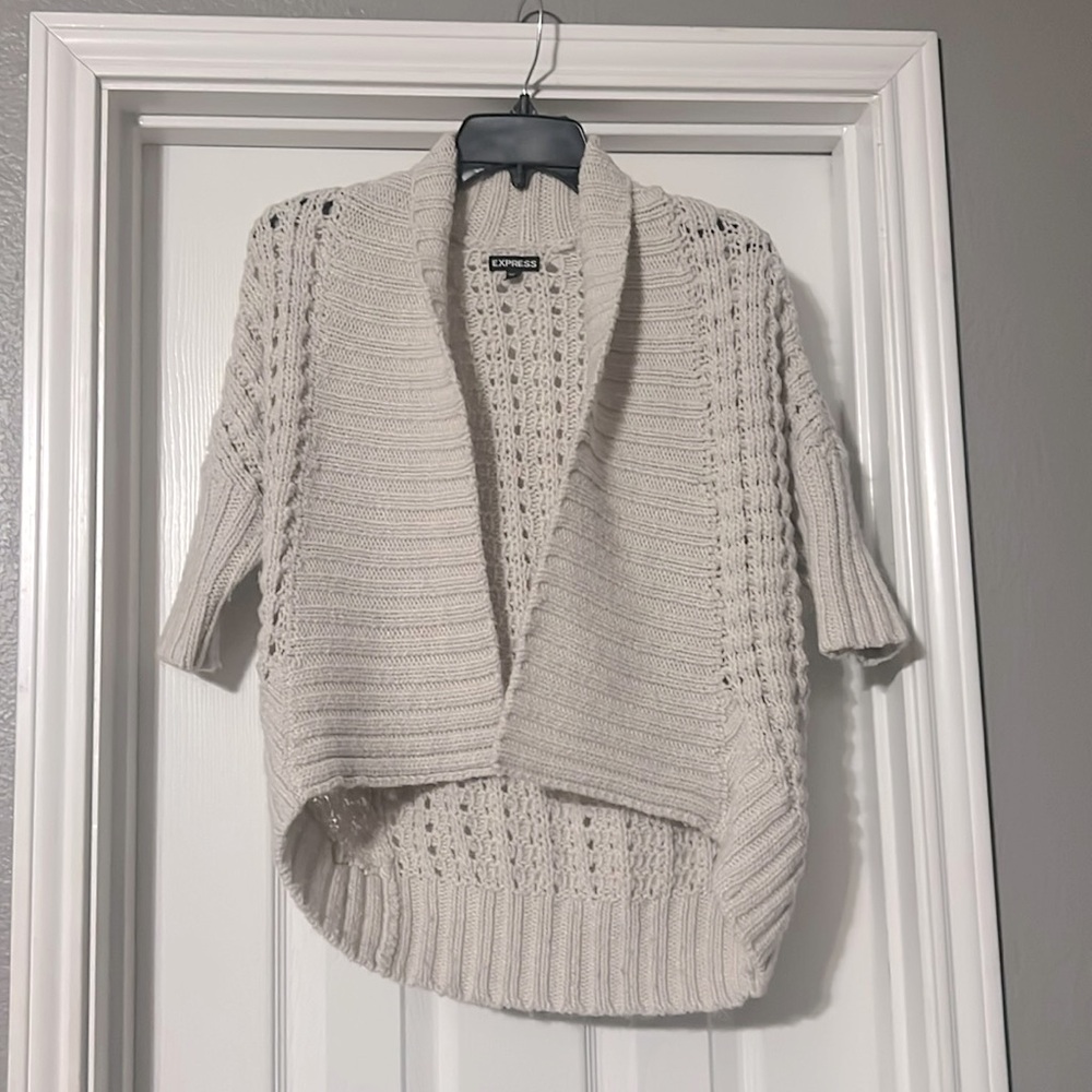 Sz XS Express 3/4 length shawl collar cropped knit cardigan-cream colored